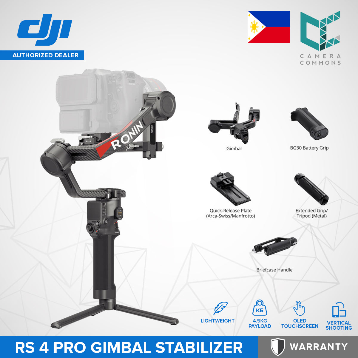 DJI RS 4 Pro Gimbal Stabilizer (Base/Combo) Lightweight 4.5kg Payload OLED Touchscreen Vertical Mode
