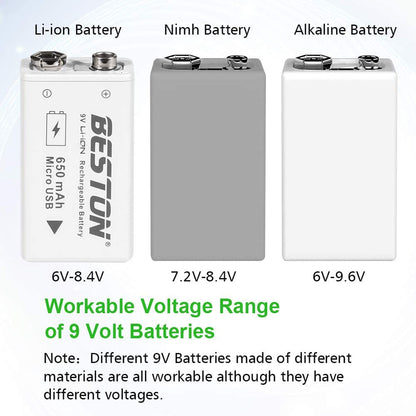 BESTON 9V Rechargeable Batteries, 650mAh Li-ion Rechargeable 9 Volt Battery with Micro USB Charging Port