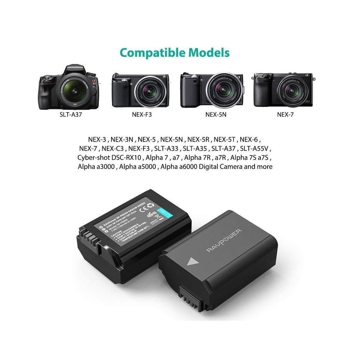 RAVPower NP-FW50 Camera Battery Charger with 2pcs Batteries Set for Sony Cameras NPFW50