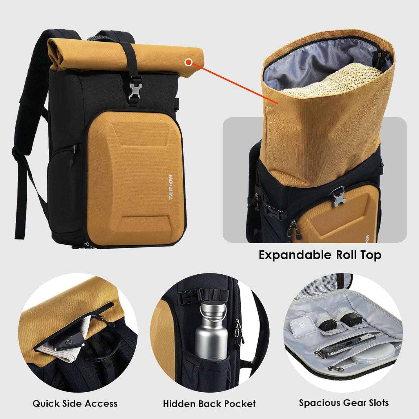 Tarion XH HardShell Rolltop Camera Backpack 11.5L Bag for Photography Accessories (Grey/Yellow)