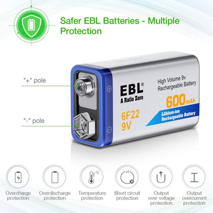 EBL 9V 600mAh Rechargeable battery - Lithium Ion