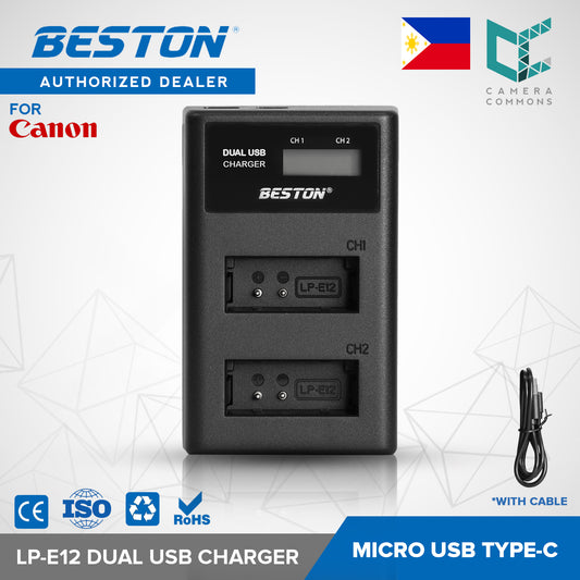 BESTON LP-E12 LCD Dual USB Charger (Micro USB Type-C) for Canon Camera Batteries LPE12