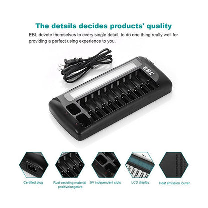 EBL 12 Bay Smart Battery Charger for AA , AAA , 9V , Ni-MH , Ni-CD , Li-On Rechargeable Batteries LiOn NiMH NiCD Camera Commons PH