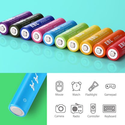 EBL Multi Color 10 Pack 1.2V AA Size 2500mAh Rechargeable battery - Ni-MH NiMH Multicolor 10 pc Batteries Camera Commons PH