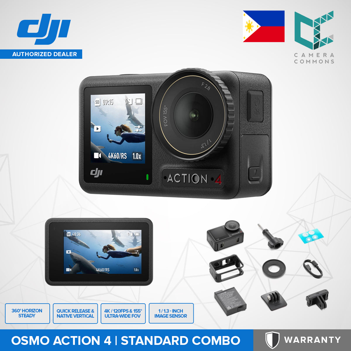 DJI Osmo Action 4 Camera Standard Adventure Combo Package 360 HorizonSteady Native Vertical 4K 120fps