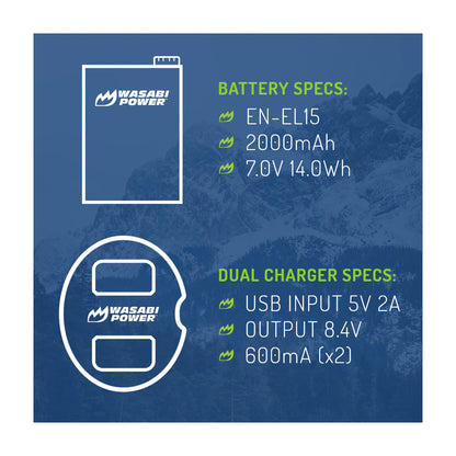 Wasabi Power EN-EL15 EN-EL15A EN-EL15B EN-EL15C Dual Kit Battery Charger for Nikon Cameras ENEL15