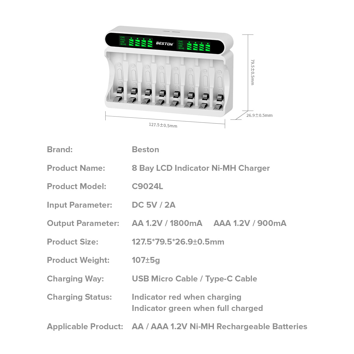 Beston C9024 LED C9024L Smart LCD 8 Bay Charger with Cable for Ni-MH AA AAA Battery