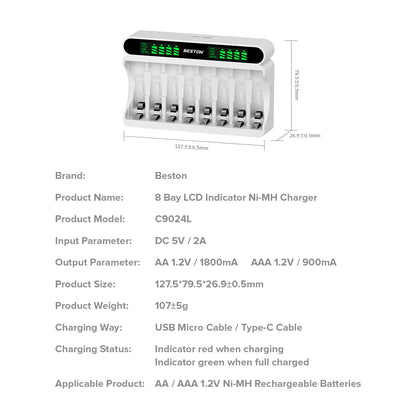 Beston C9024 LED C9024L Smart LCD 8 Bay Charger with Cable for Ni-MH AA AAA Battery