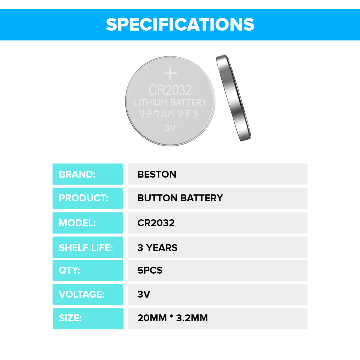 Beston CR2032 Button Cell Lithium Battery Li-ion Coin 3V 3 Volts (Pack of 5)