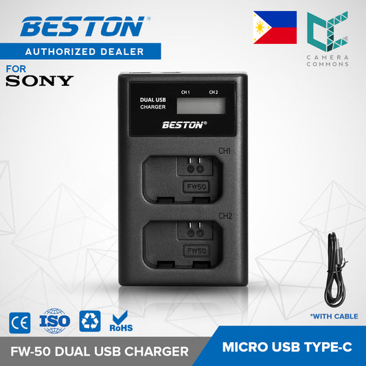 BESTON FW-50 LCD Dual USB Charger (Micro USB Type-C) for Sony Camera Batteries FW50