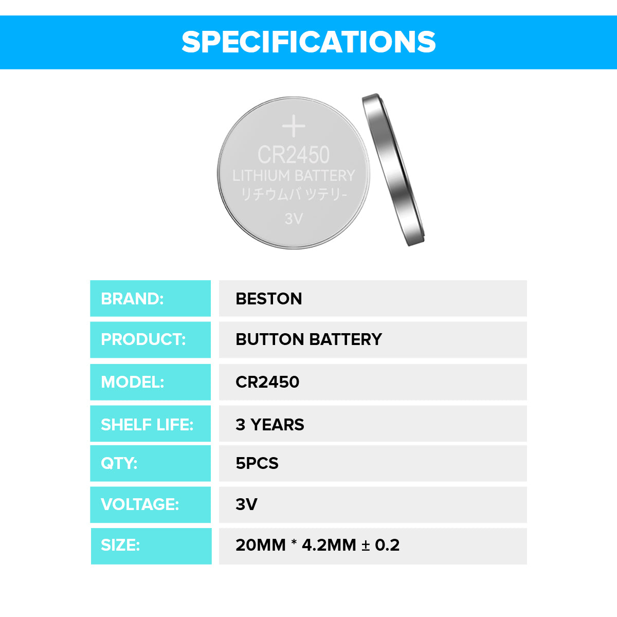 Beston CR2450 Button Cell Lithium Battery Li-ion Coin 3V 3 Volts (Pack of 5)