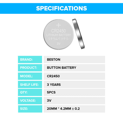 Beston CR2450 Button Cell Lithium Battery Li-ion Coin 3V 3 Volts (Pack of 5)