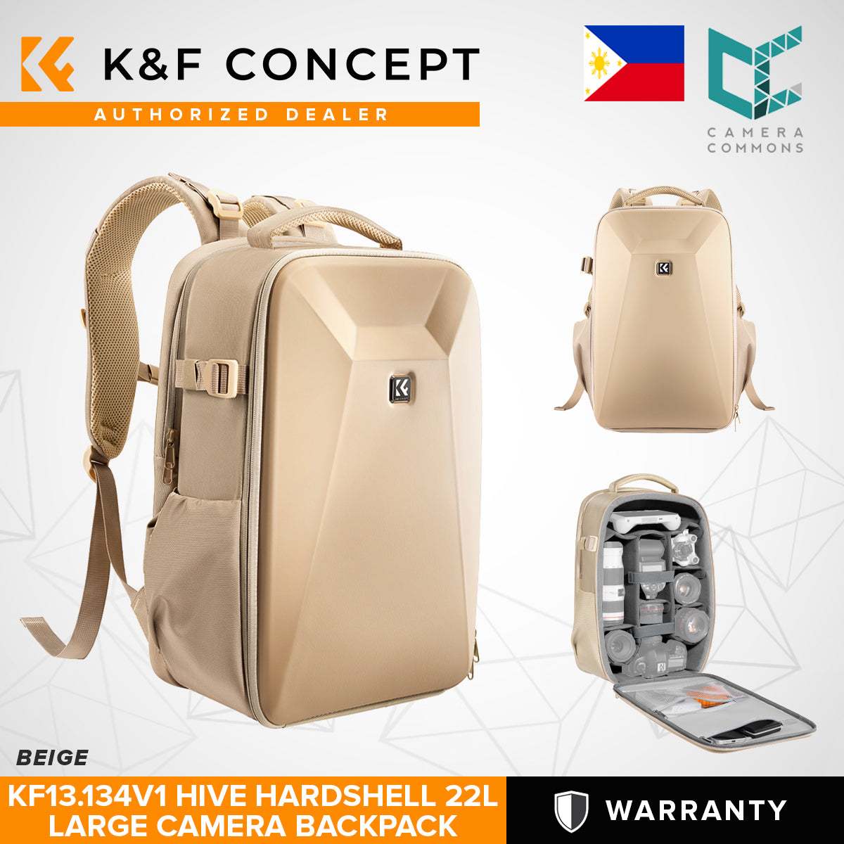 K&F Concept KF13.134 Hive HardShell 22L Large Camera Bag Backpack with 15-15.6 Inches Laptop Compartment