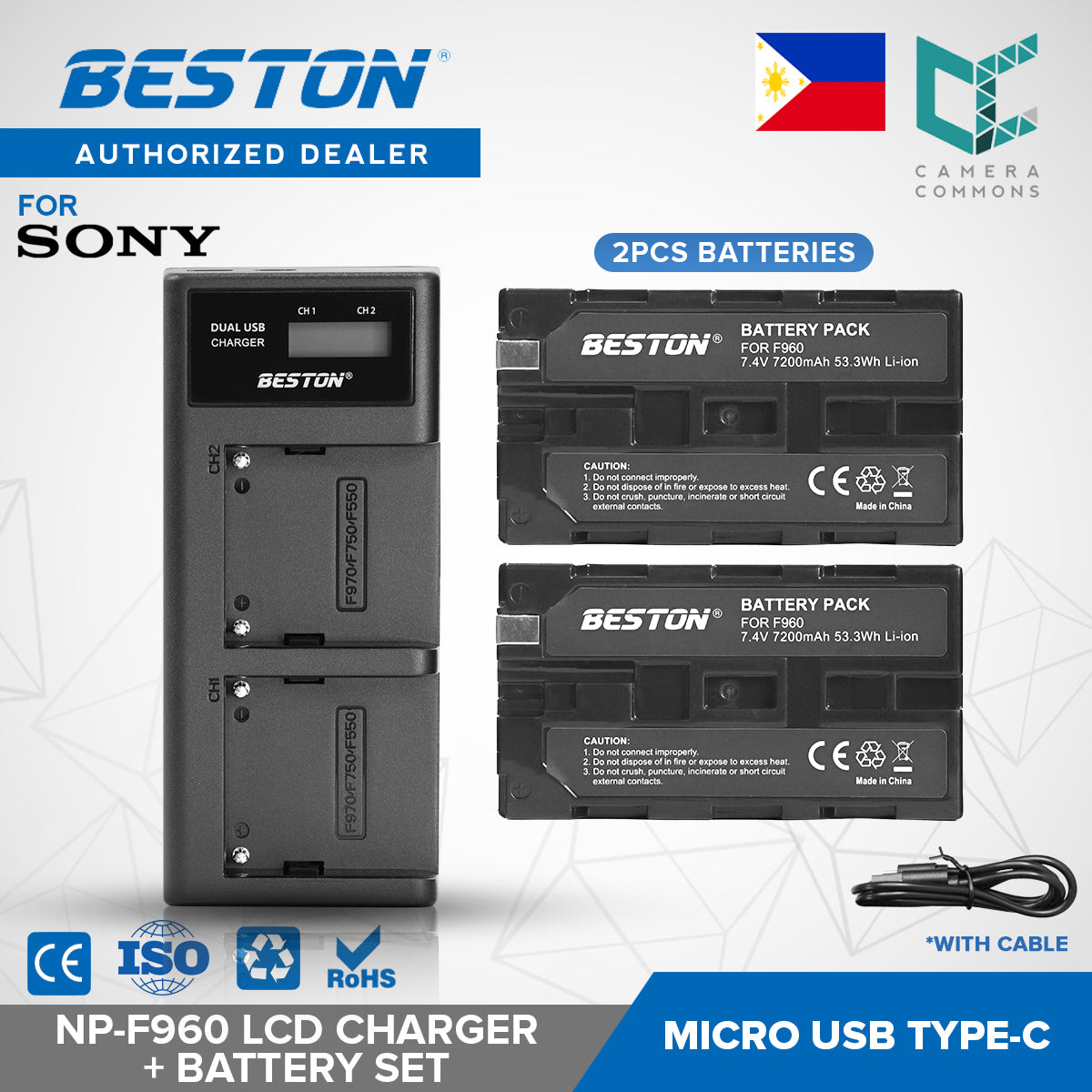 Beston SET NP-F960 LCD Charger + 2 PC Battery 7200mAh Sony F960 NPF960