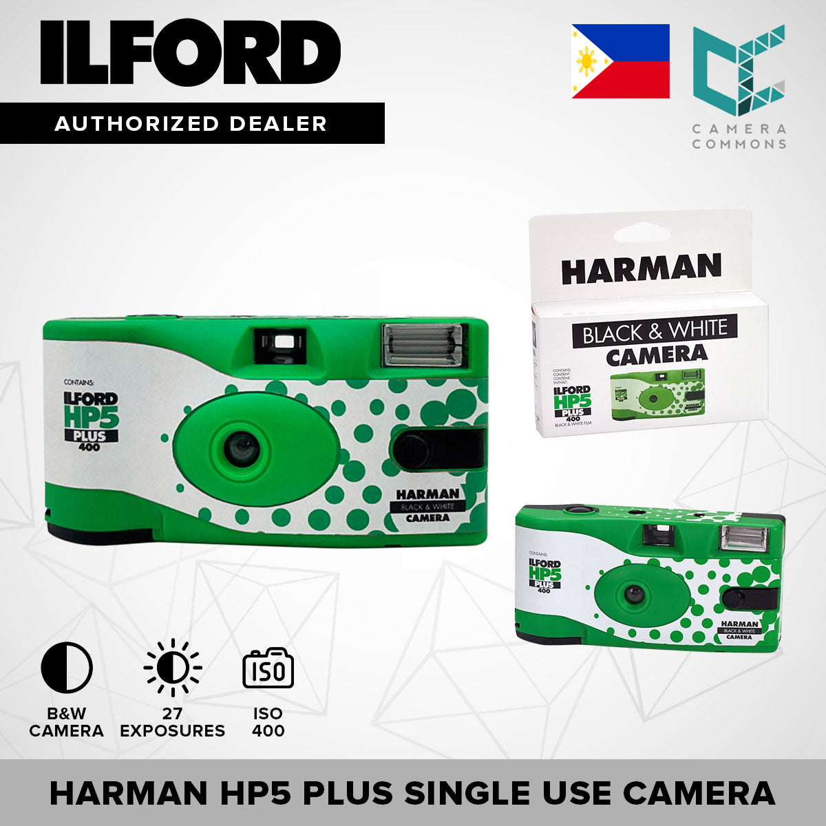 ILFORD Harman HP5 Plus Black and White Disposable Camera 27 Exposures 400 ISO 35mm Film Format Built-In Flash for Point and Shoot Photography