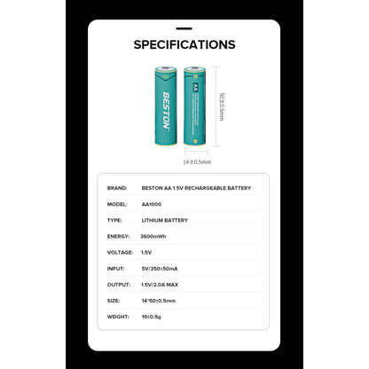 Beston AA1000 LR06 AA 1.5V 3600mwh Rechargeable Lithium Ion Battery Li-ion