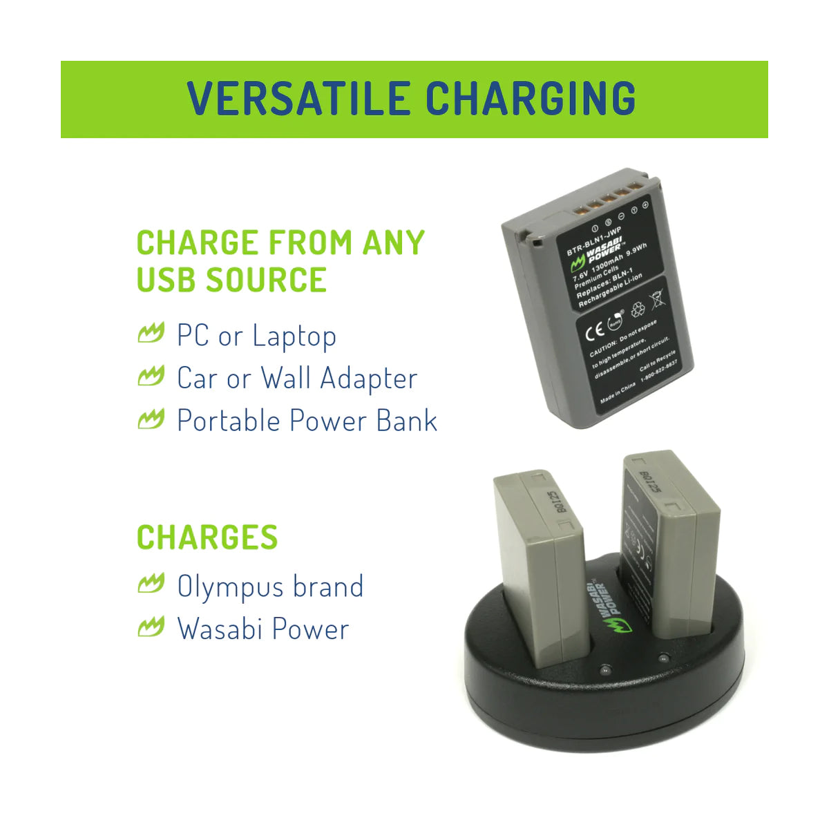 Wasabi Power BLS-5 BLS-50 PS-BLS5 Dual Kit Battery Charger for Olympus Cameras BLS5
