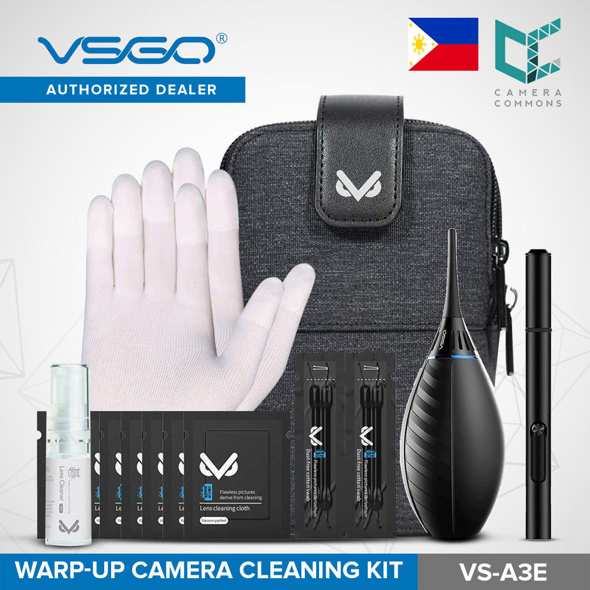 VSGO VS-A3E Warp-up Camera Cleaning Kit Portable Bag Air Blower Lens Cleaning Pen Spray Cotton Swab Cloth for Camera Lens Optical Optical Phone