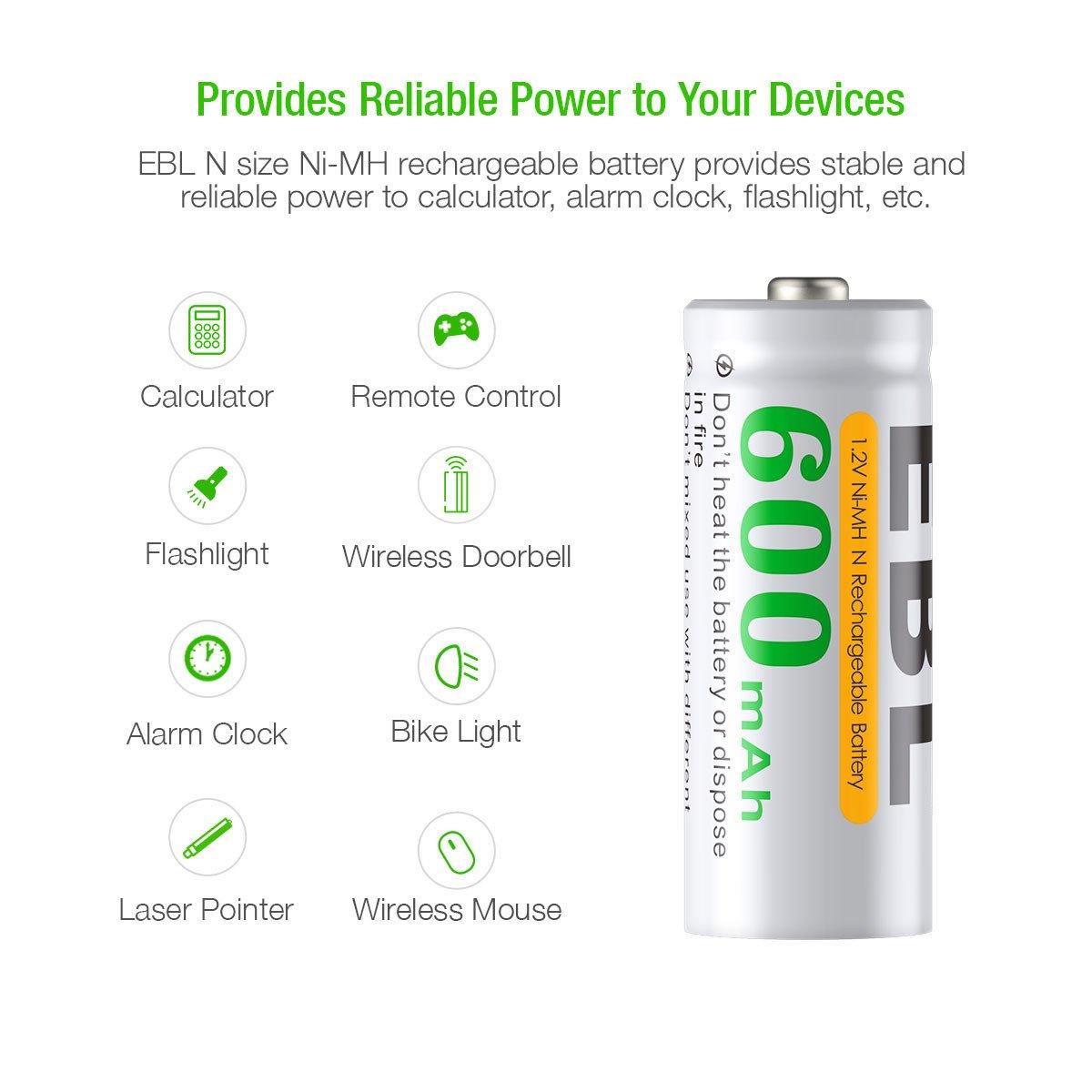 EBL 4Pack 1.2V N Size 600mAh Rechargeable battery - Ni-MH NimH Camera Commons PH