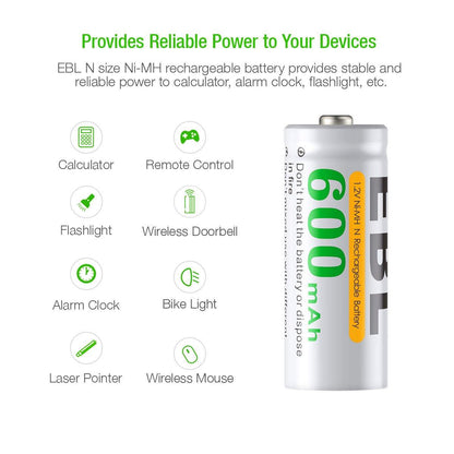 EBL 4Pack 1.2V N Size 600mAh Rechargeable battery - Ni-MH NimH Camera Commons PH