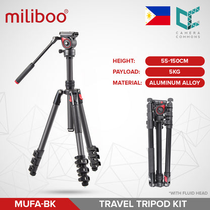 Miliboo MUFA-BK Aluminum Travel Tripod Kit with Fluid Head Flip Lock