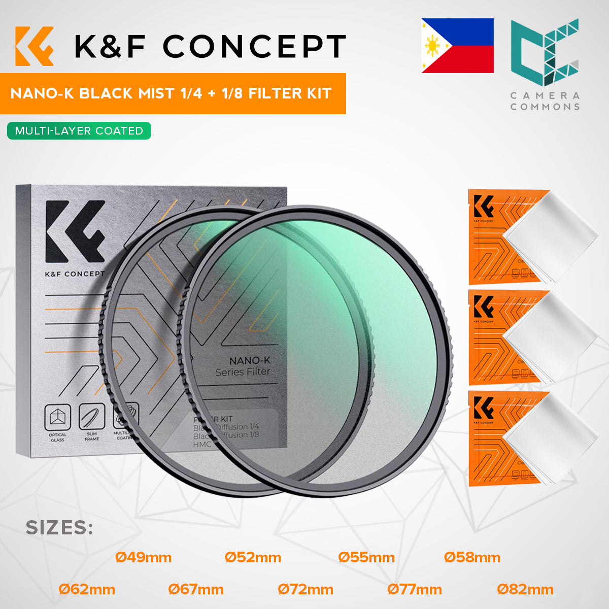 CLEARANCE KF FILTERS 72mm,K series 1/4 +1/8 black diffusion filters +3pcs cleaning clothes