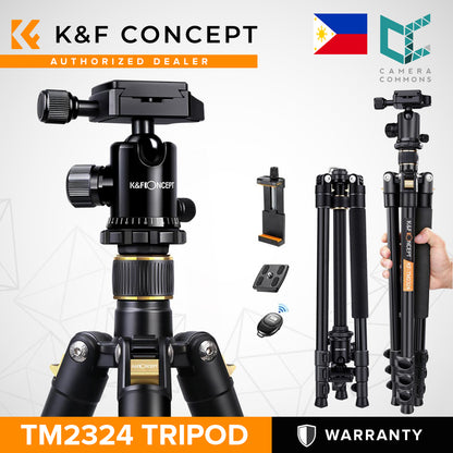 K&F Concept 62'' TM2324 DSLR Tripod, Lightweight and Compact Aluminum Camera Tripod with 360 Panorama Ball Head Quick Release Plate for Travel and Work TM2324