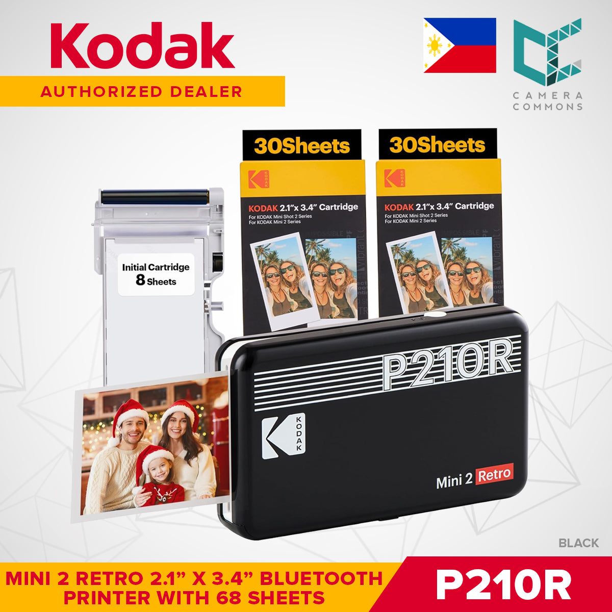 Kodak Mini 2 Retro 2.1"x3.4" Bluetooth Photo Printer Set 4PASS Borderless Print P210R