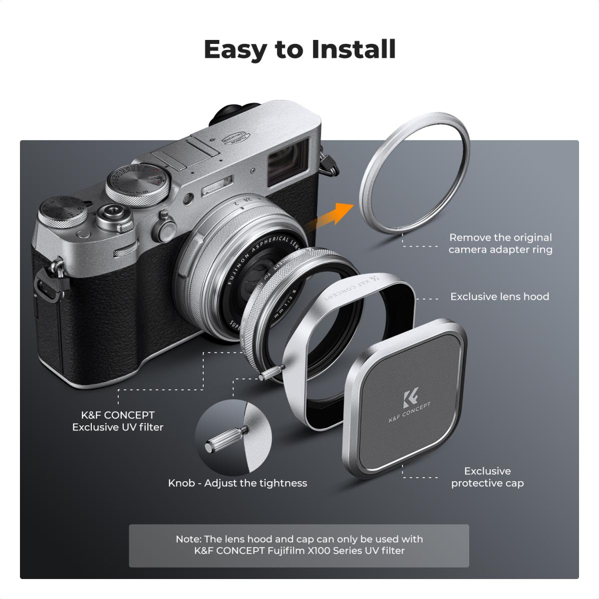 CLEARANCE KF FILTERS Fuji lens hood with lens cap, printed with KF logo, suitable for Fuji X100/FX100/SX100/Tx1224/4SOV models, NANO-X series