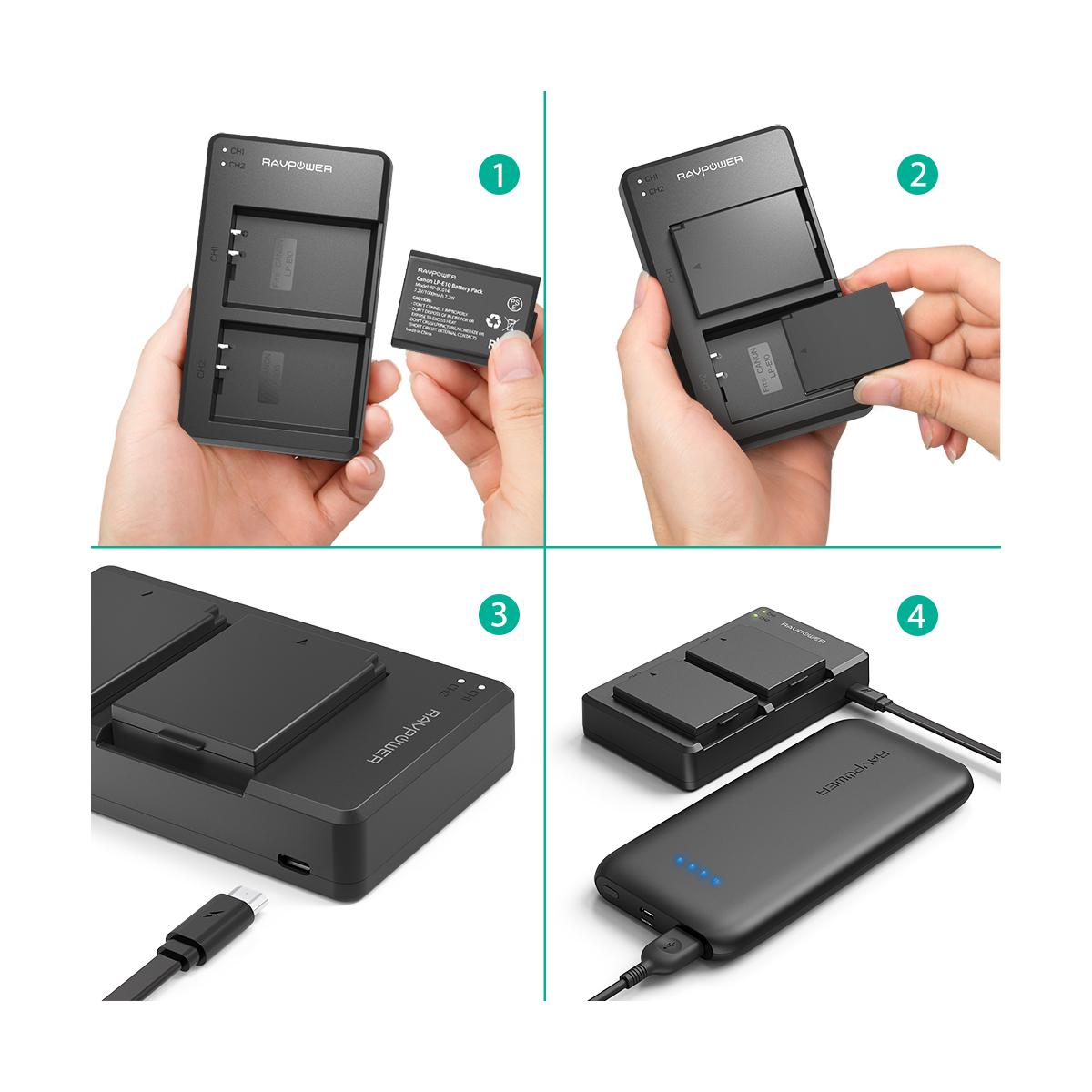 RAVPower LP-E10 Camera Battery Charger with 2pcs Batteries Set for Canon EOS Rebel Cameras LPE10