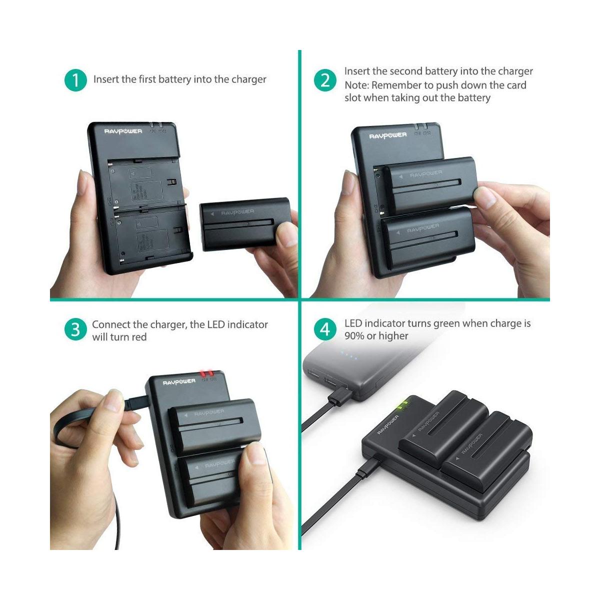 RAVPower NP-F550 Camera Battery Charger with 2pcs Batteries Set for Sony Cameras NPF550