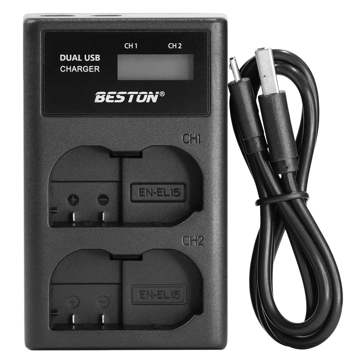 BESTON EN-EL15 LCD Dual USB Charger (Micro USB Type-C) for Camera Batteries ENEL15