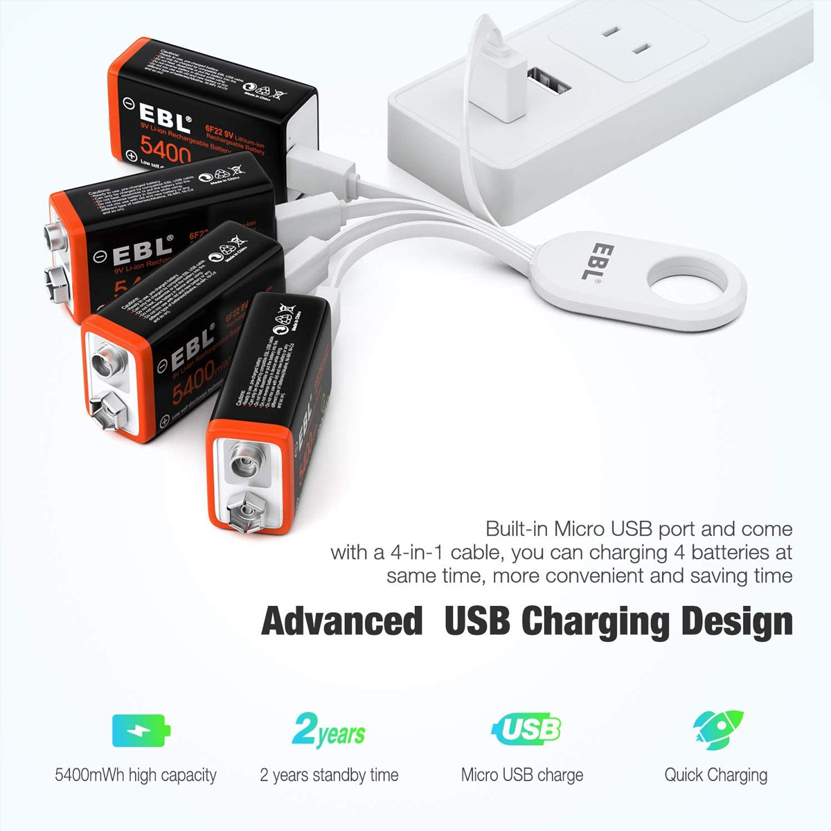 EBL USB Rechargeable 9V Lithium Batteries - 5400mWh Long Lasting LI-ion Batteries with Micro Charging Cable - Quick Charge in 2 Hours (4 Pack)