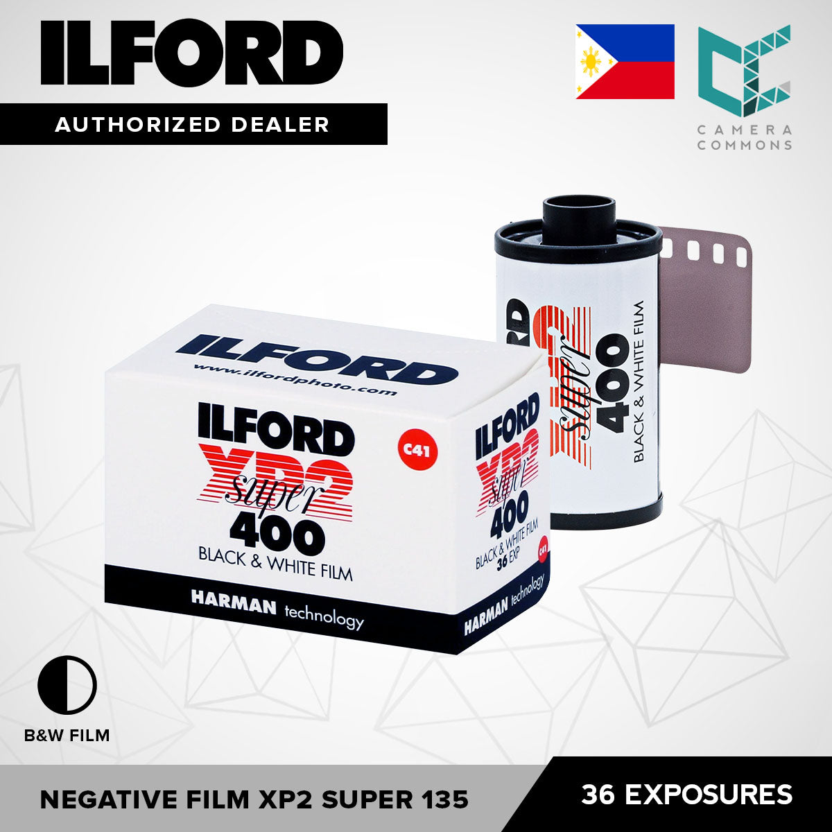 ILFORD XP2 Super 135 400 ISO Black and White Negative Film 36 Exposures Fine Grain Sharpness C41 C-41 Print Process