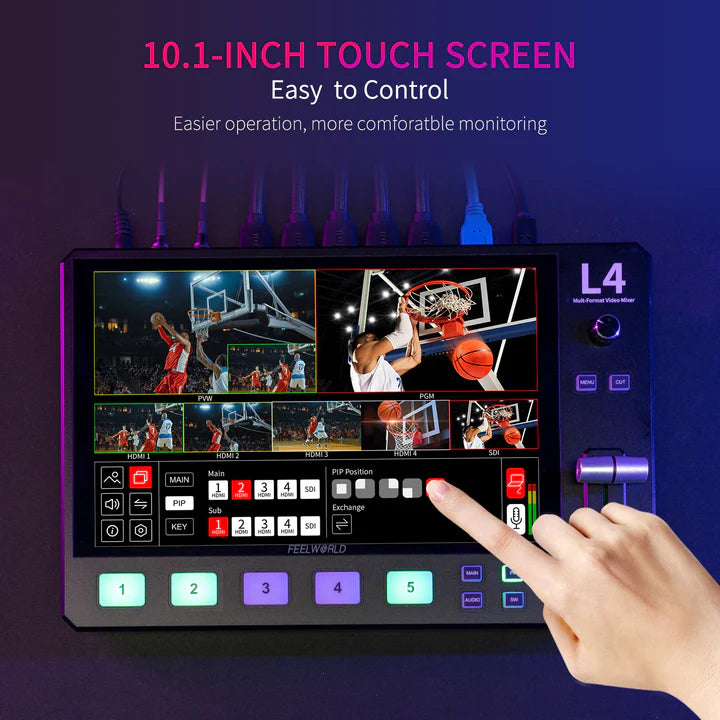 FEELWORLD L4 Multi-Camera Video Mixer Switcher 10.1" Touch Screen USB3 Fast Streaming Chroma Keying