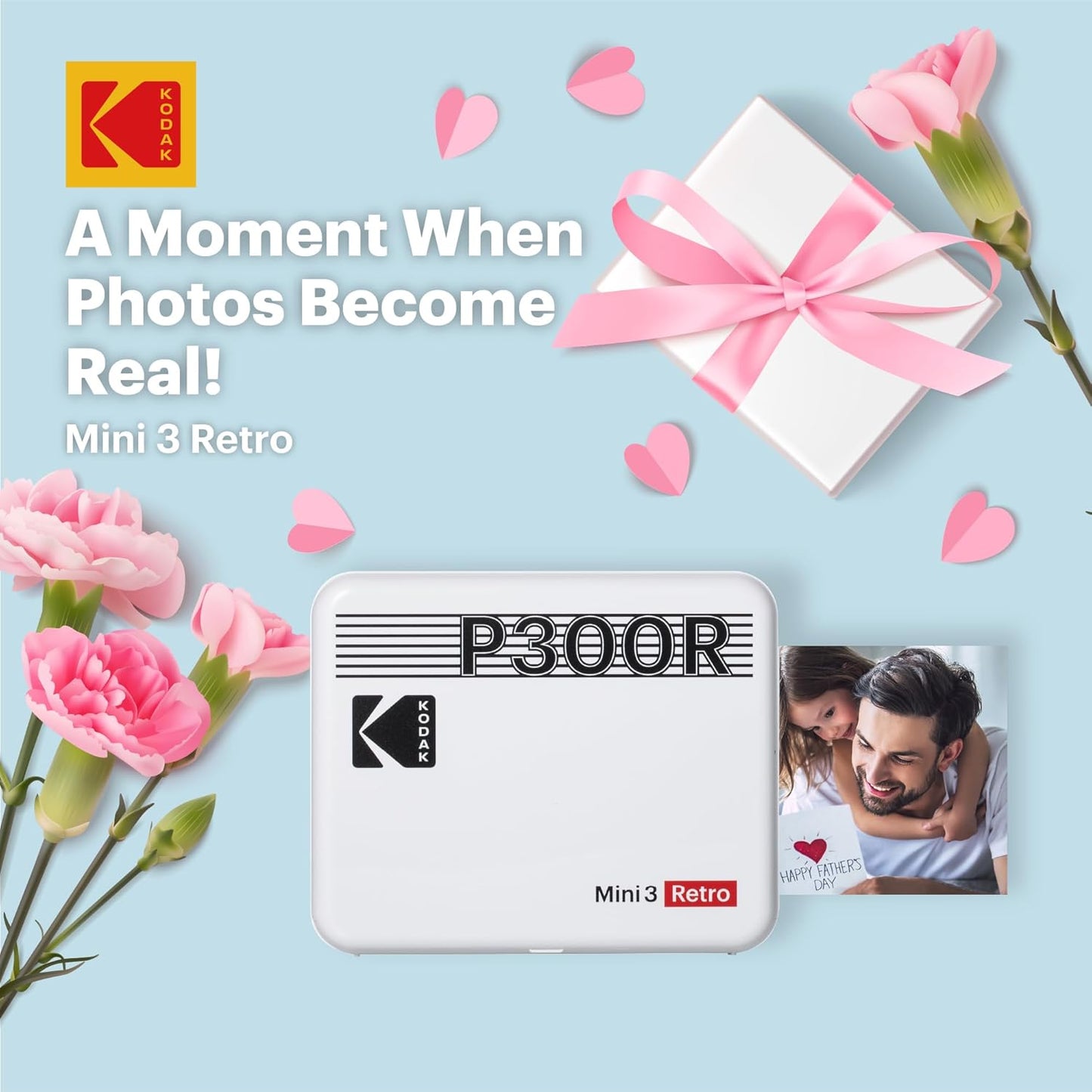 Kodak Mini 3 Retro Square 3"x3" Bluetooth Photo Printer Set 4PASS Borderless Print P300R