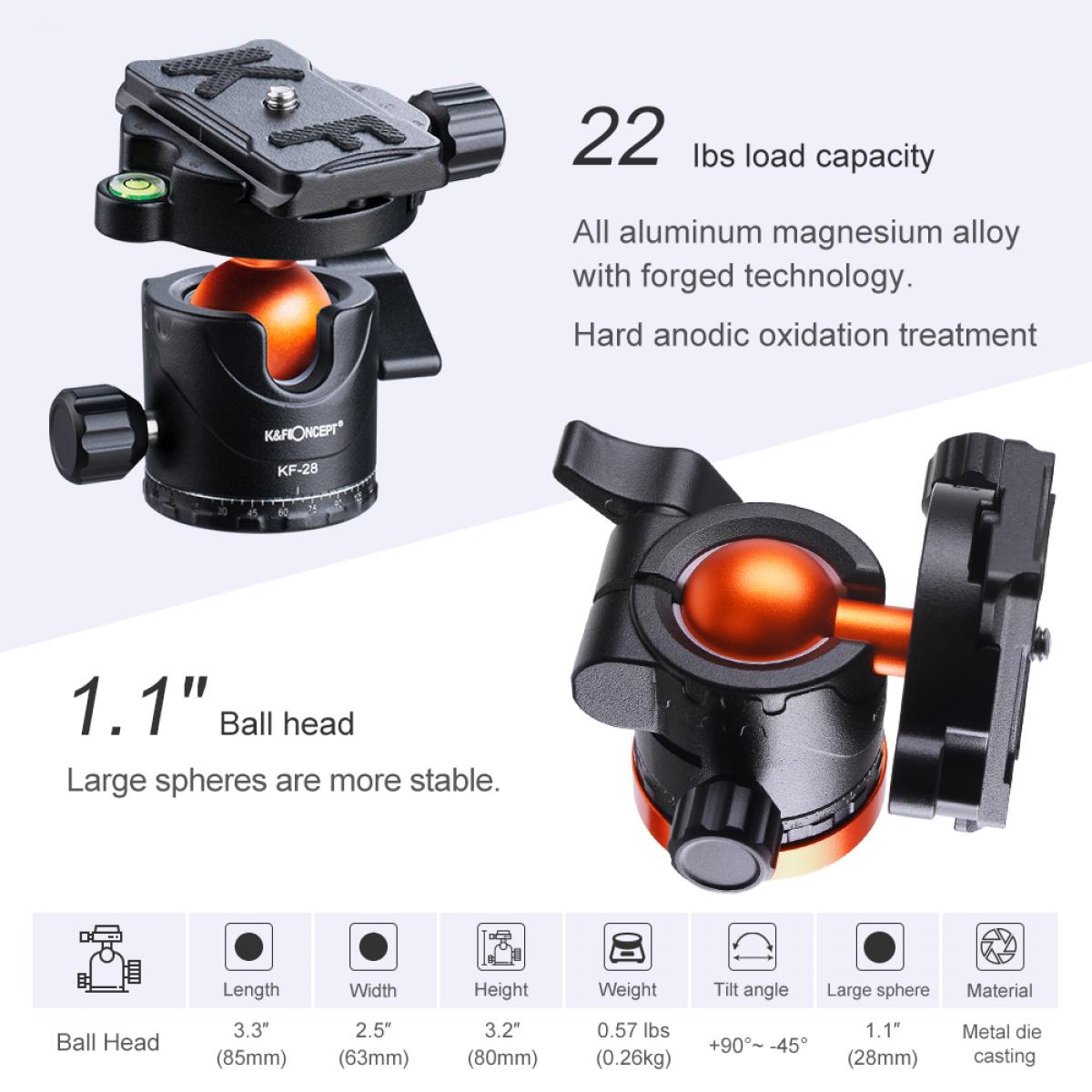 K&F Concept Professional Metal Tripod Ball Head KF-28 Series KF28 Ballhead KF-LH28 | Ball Head Only KF31.023V1