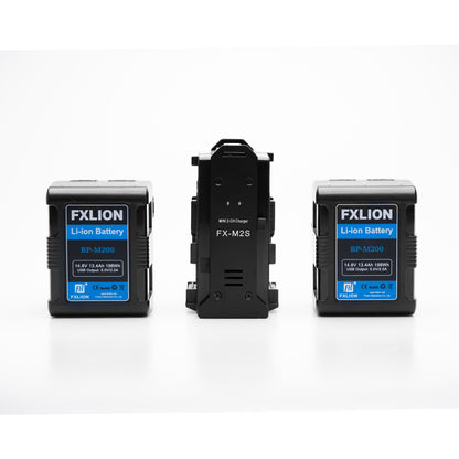 Fxlion 198Wh Square V-mount Battery 2 Battery Kit w/ Mini Dual V-mount Charger / V-lock Kit w/ Charger | V Mount Battery for Studio, Photo & Video LED Lights and Camera