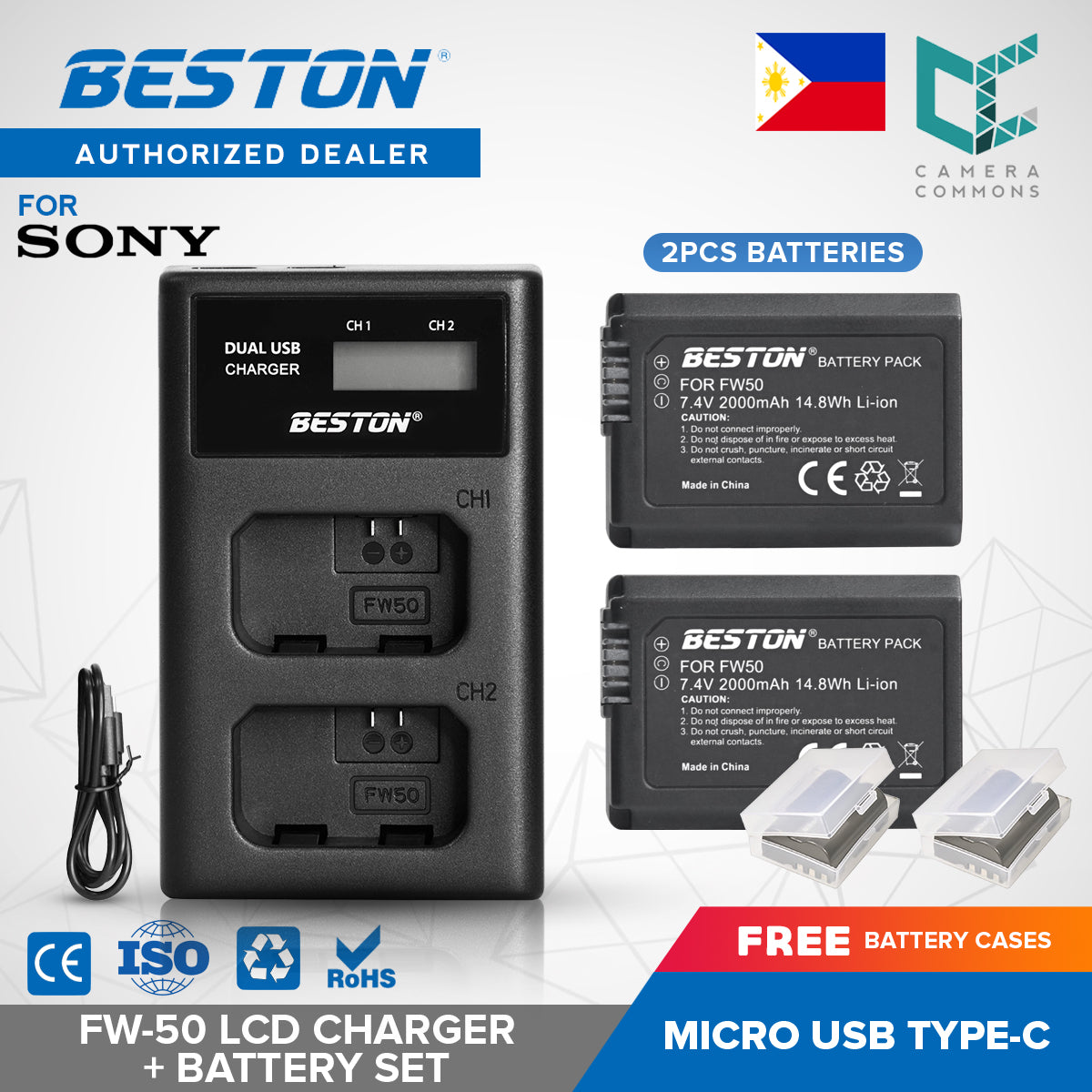 Beston SET NP-FW50 LCD Charger + 2 PC Battery 7.4V 2000mAh Sony FW50