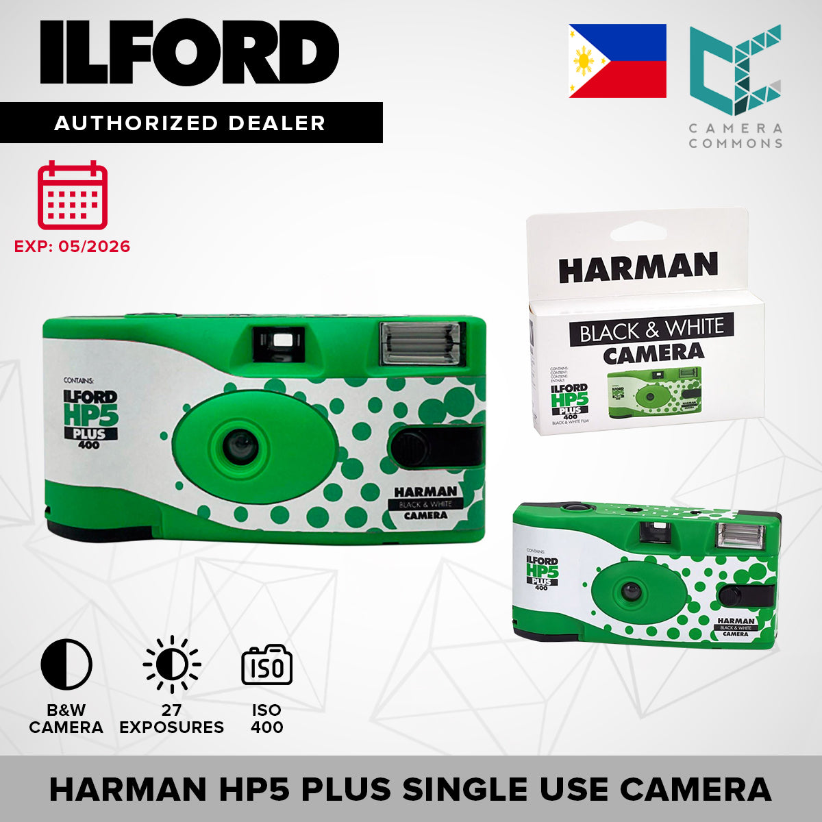 ILFORD Harman HP5 Plus Black and White Disposable Camera 27 Exposures 400 ISO 35mm Film Format Built-In Flash for Point and Shoot Photography