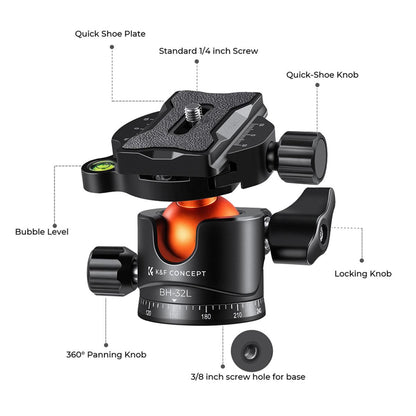 K&F Concept Ball Head with Quick Release Plate 32mm / 36mm for Camera Tripod Monopod Accessories