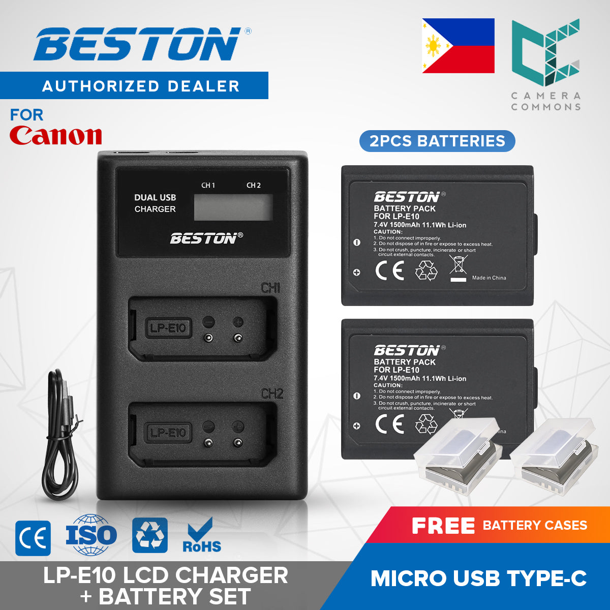 Beston SET LP-E10 LCD Charger + 2 PC Battery 1500mAh Canon LPE10