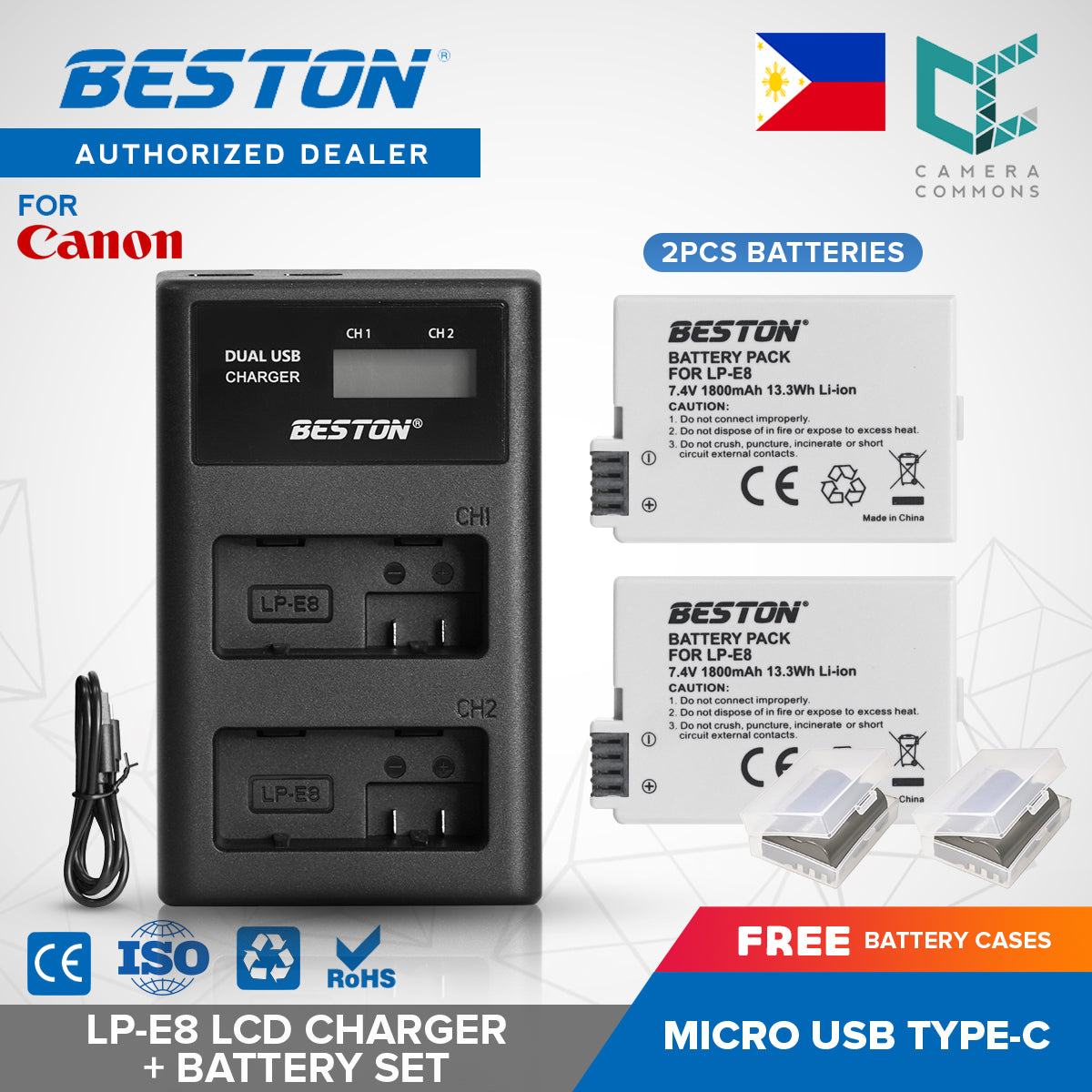 Beston SET LP-E8 Charger + 2 PC Battery 1800mAh 13.3Wh Canon LPE8