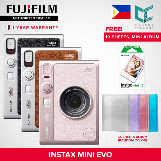 FUJIFILM Instax Mini Evo Hybrid Instant Camera Black and Brown with Mini Glossy Instant Film Sheets Direct Printing