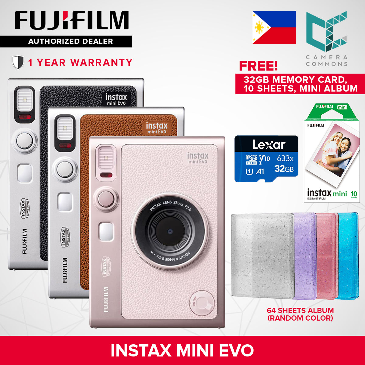 FUJIFILM Instax Mini Evo Hybrid Instant Camera Black and Brown with Mini Glossy Instant Film Sheets Direct Printing