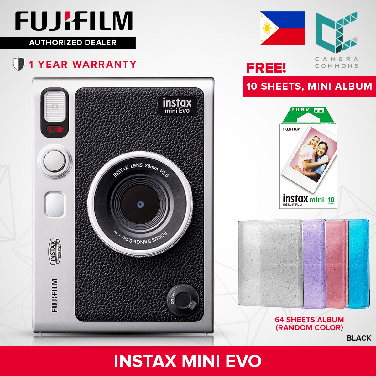 FUJIFILM Instax Mini Evo Hybrid Instant Camera Black and Brown with Mini Glossy Instant Film Sheets Direct Printing