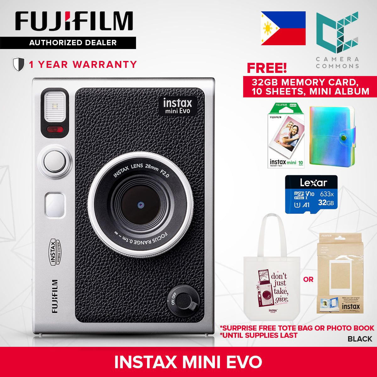 FUJIFILM Instax Mini Evo Hybrid Instant Camera Black and Brown with Mini Glossy Instant Film Sheets Direct Printing