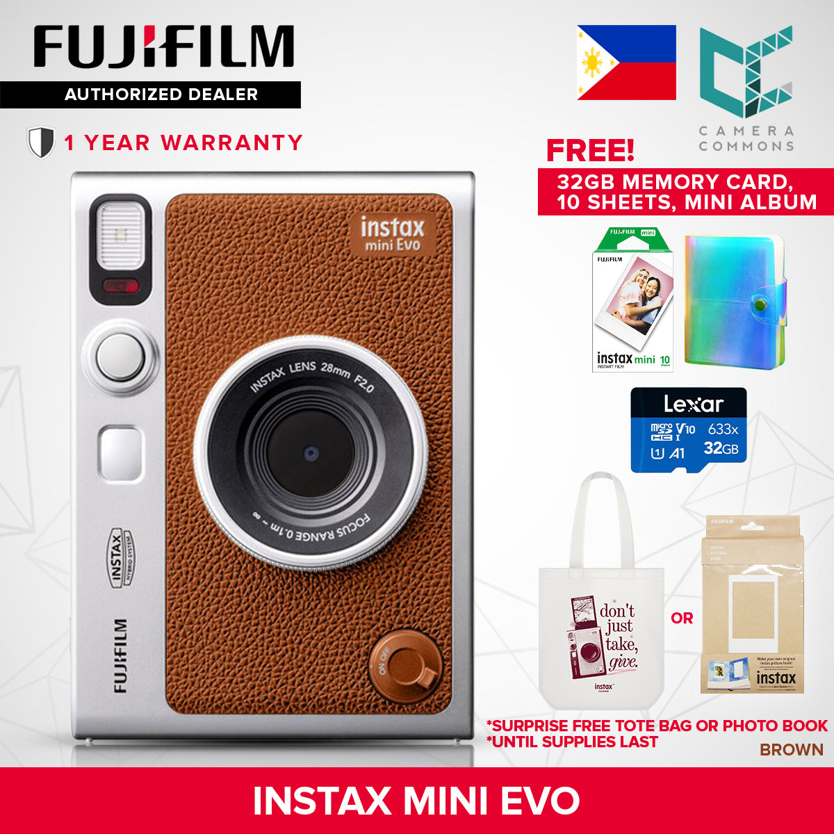 FUJIFILM Instax Mini Evo Hybrid Instant Camera Black and Brown with Mini Glossy Instant Film Sheets Direct Printing