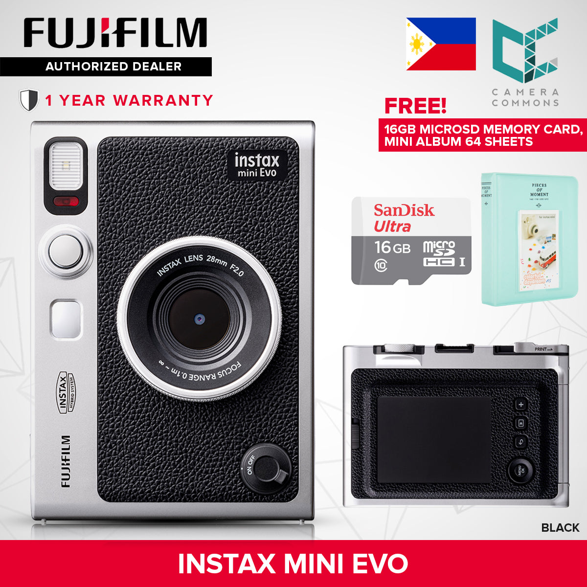 FUJIFILM Instax Mini Evo Hybrid Instant Camera Black and Brown with Mini Glossy Instant Film Sheets Direct Printing