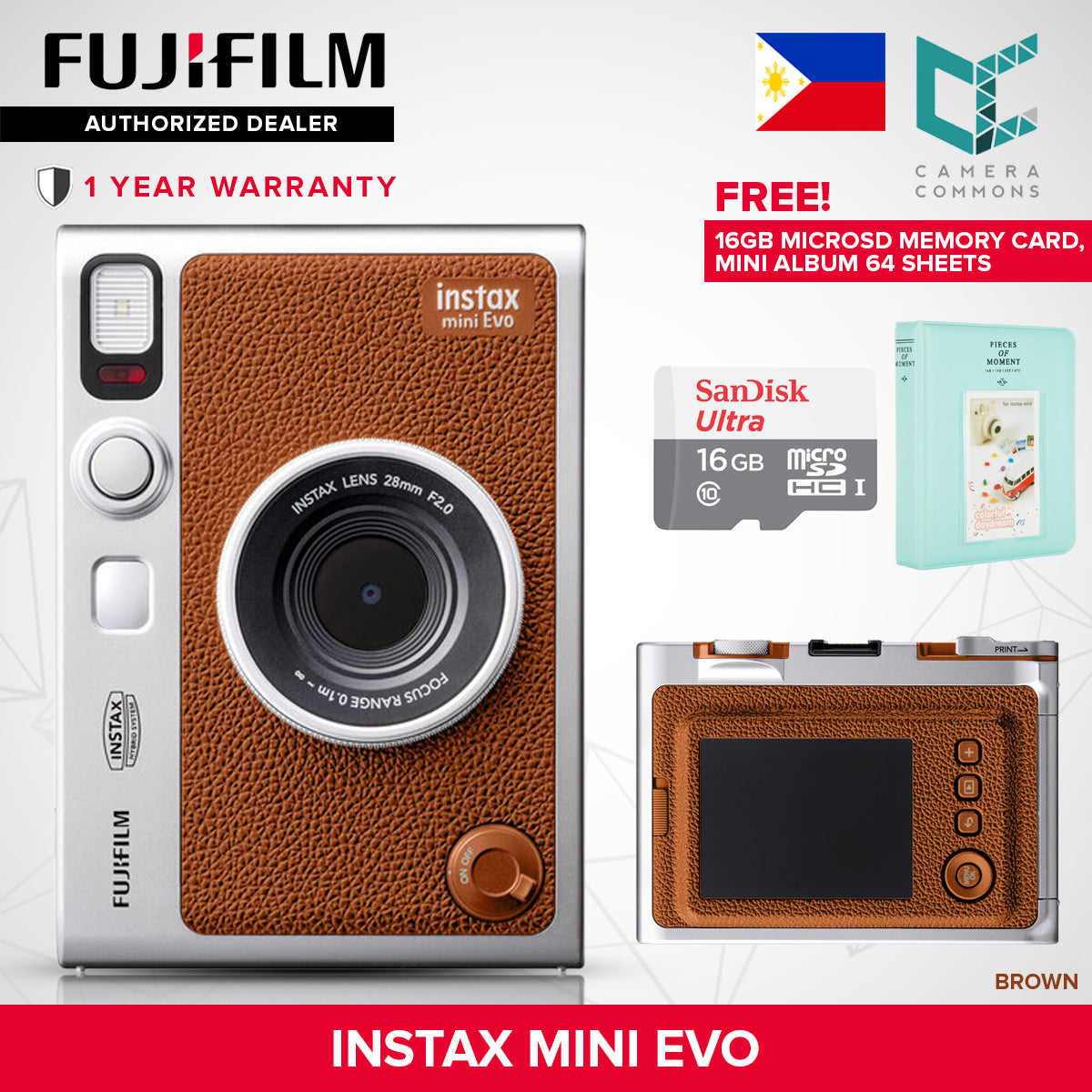 FUJIFILM Instax Mini Evo Hybrid Instant Camera Black and Brown with Mini Glossy Instant Film Sheets Direct Printing
